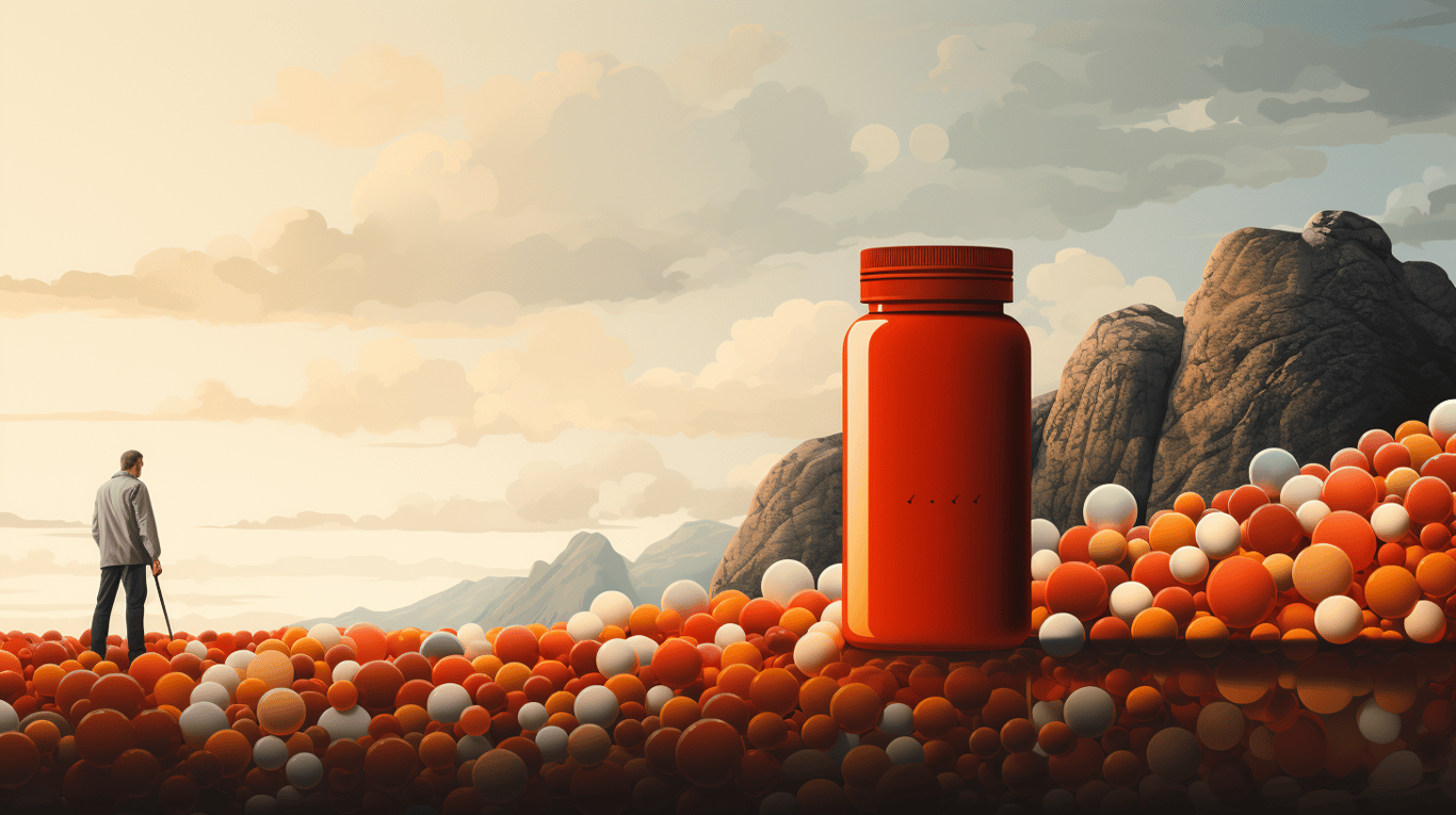 abstract image of a researcher studying a bottle of drug.