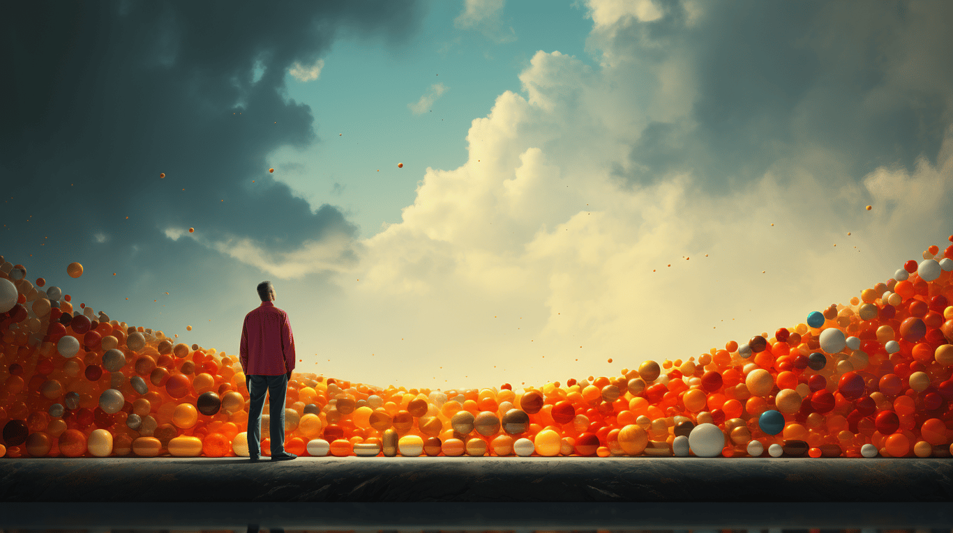 abstract image of a researcher studying a bottle of drug.