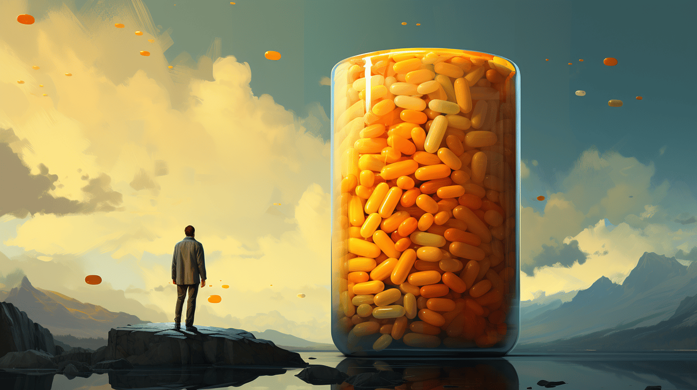 abstract image of a researcher studying a bottle of drug.