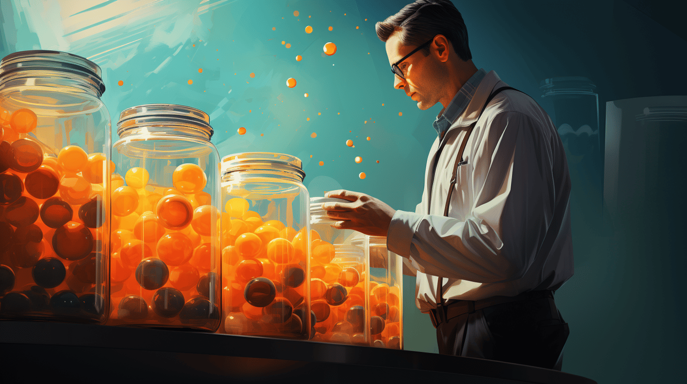abstract image of a researcher studying a bottle of drug.