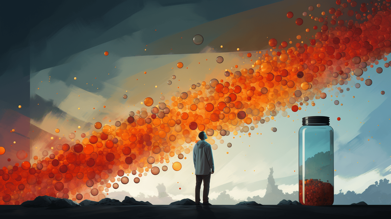 abstract image of a researcher studying a bottle of drug.