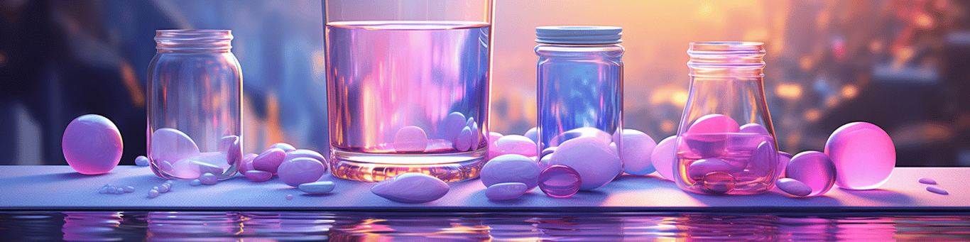 image of drug pills surrounding a glass of water symbolizing drug consumption