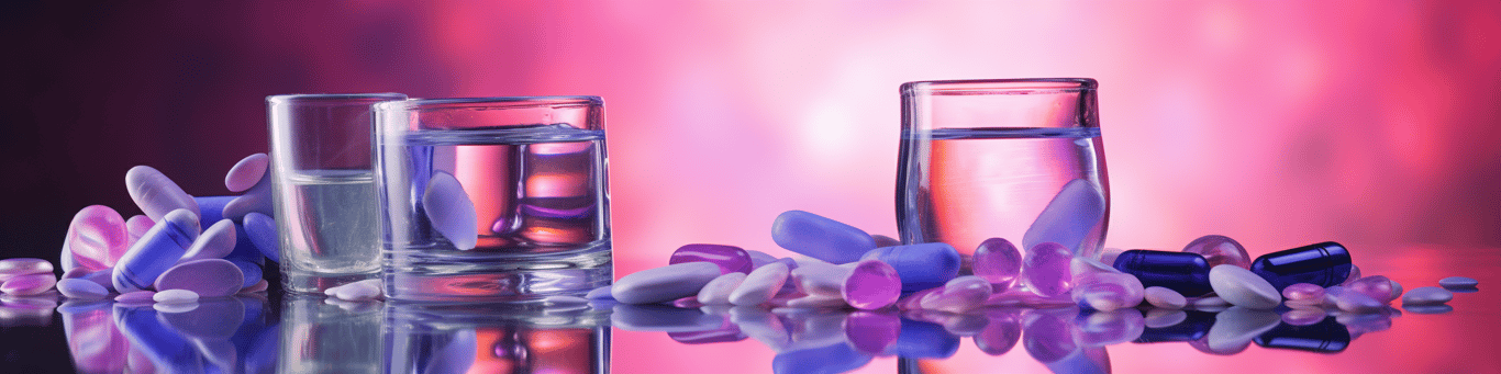 image of drug pills surrounding a glass of water symbolizing drug consumption