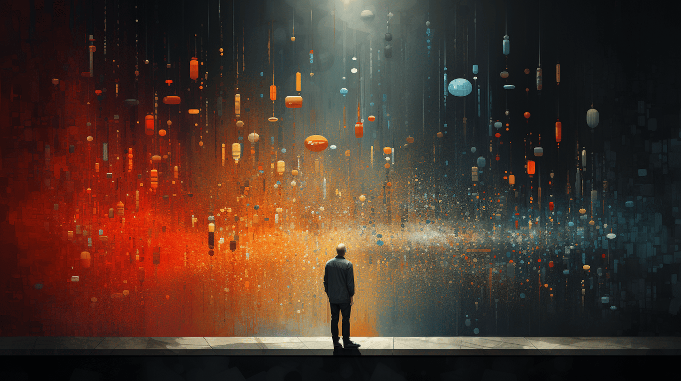 abstract image of a researcher studying a bottle of drug.