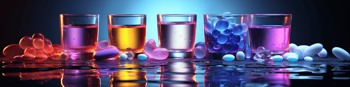 image of drug pills surrounding a glass of water symbolizing drug consumption