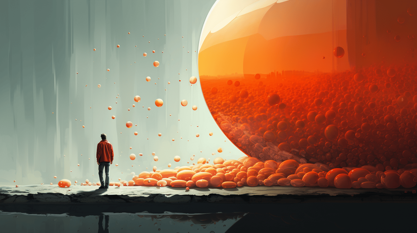 abstract image of a researcher studying a bottle of drug.