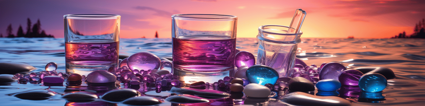 image of drug pills surrounding a glass of water symbolizing drug consumption