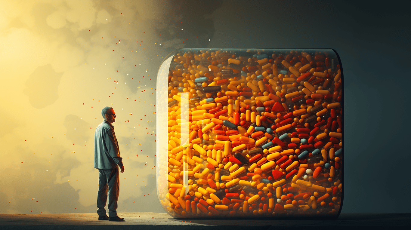 abstract image of a researcher studying a bottle of drug.