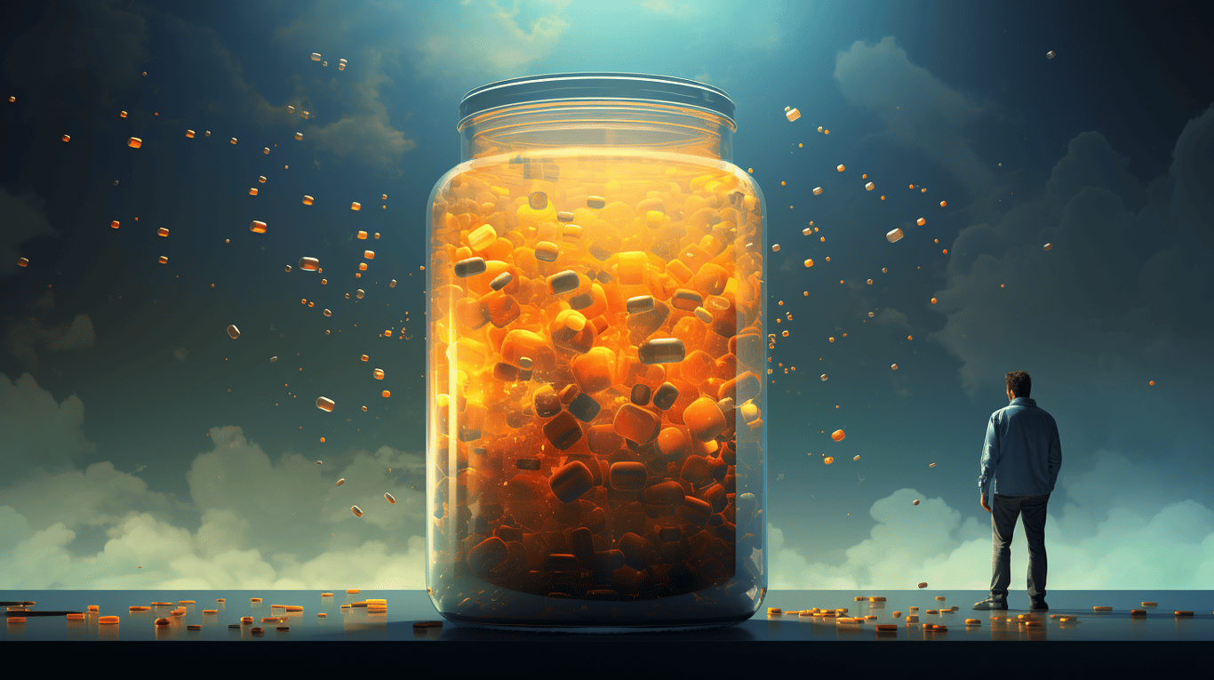 abstract image of a researcher studying a bottle of drug.