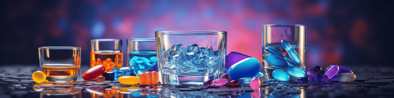 image of drug pills surrounding a glass of water symbolizing drug consumption