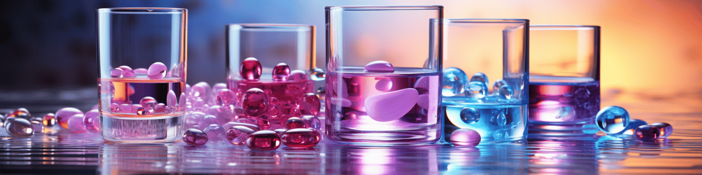 image of drug pills surrounding a glass of water symbolizing drug consumption