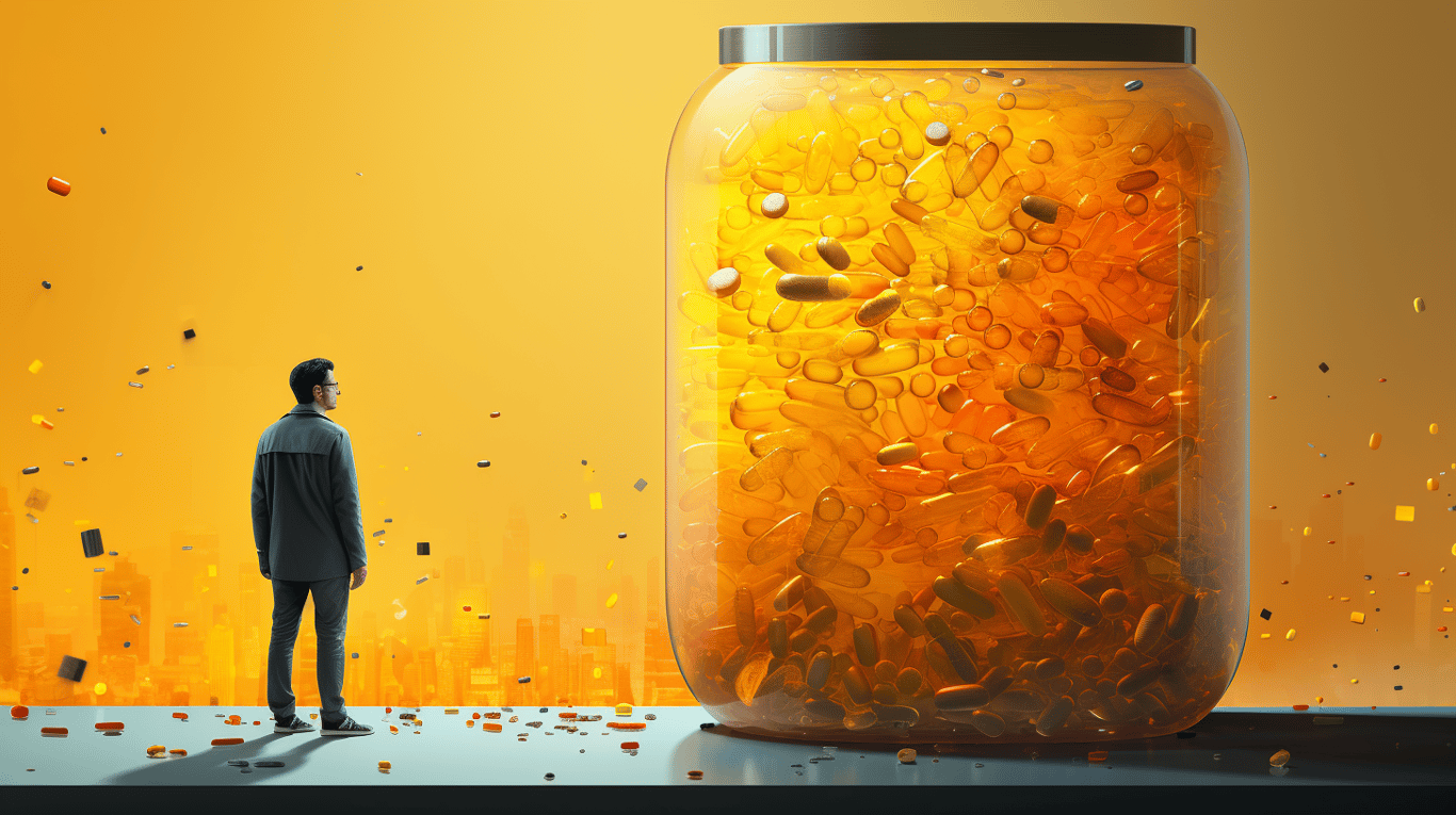 abstract image of a researcher studying a bottle of drug.