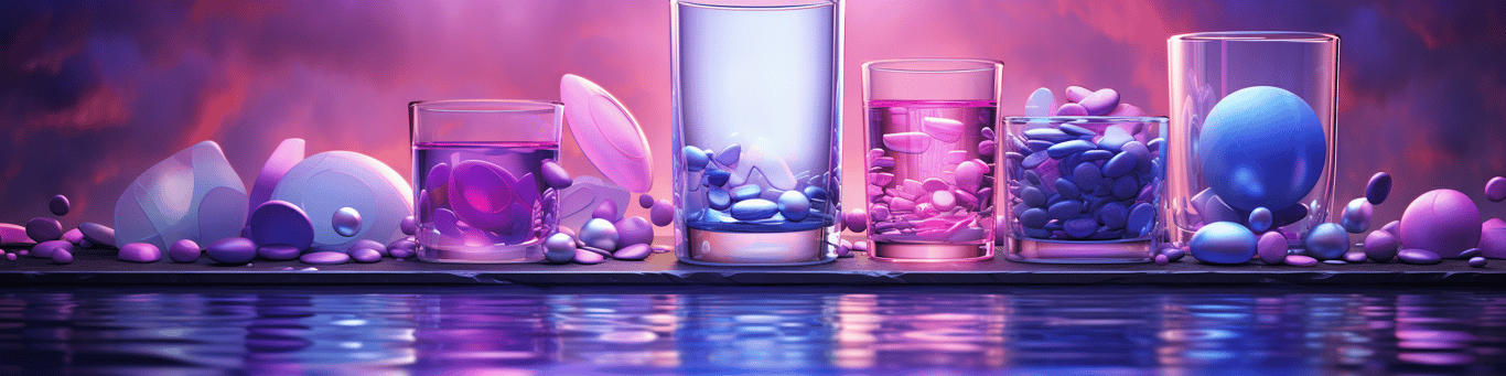 image of drug pills surrounding a glass of water symbolizing drug consumption