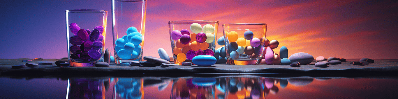 image of drug pills surrounding a glass of water symbolizing drug consumption