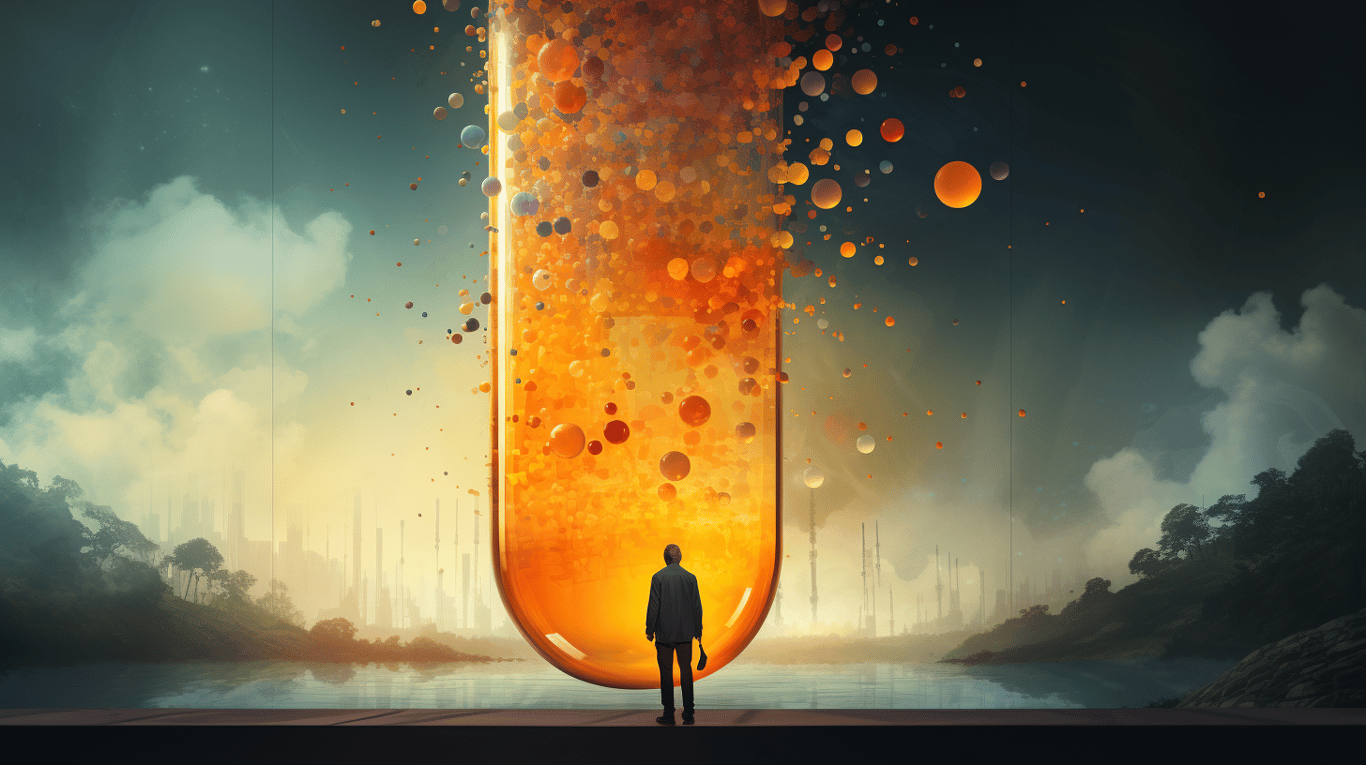 abstract image of a researcher studying a bottle of drug.