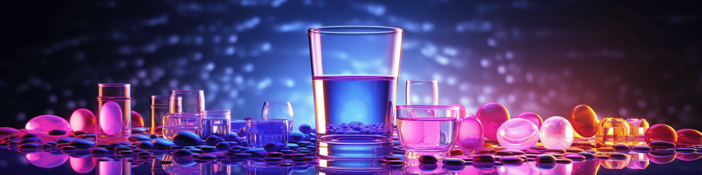 image of drug pills surrounding a glass of water symbolizing drug consumption