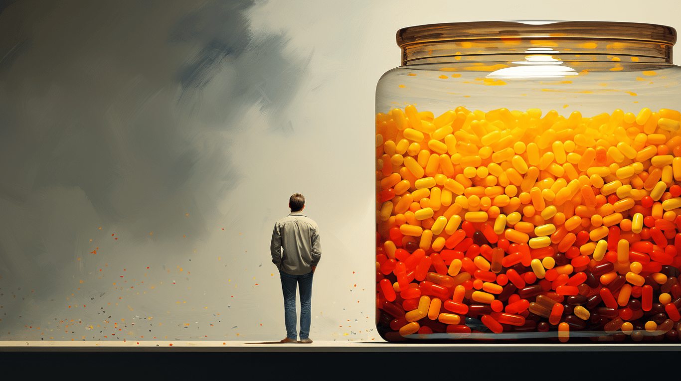 abstract image of a researcher studying a bottle of drug.