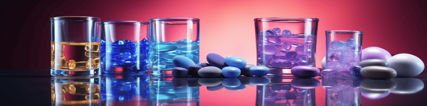 image of drug pills surrounding a glass of water symbolizing drug consumption