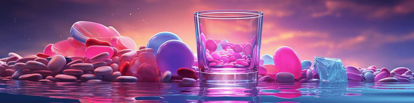 image of drug pills surrounding a glass of water symbolizing drug consumption