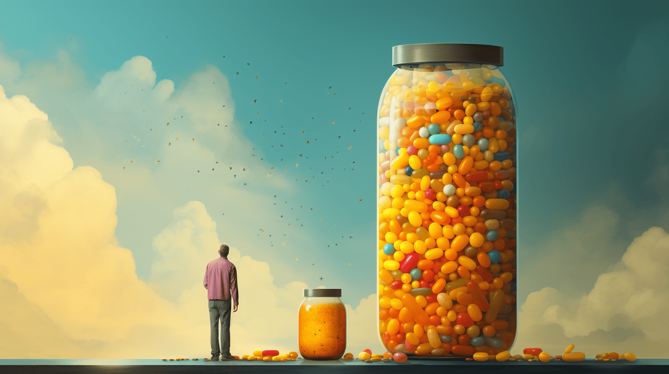 abstract image of a researcher studying a bottle of drug.