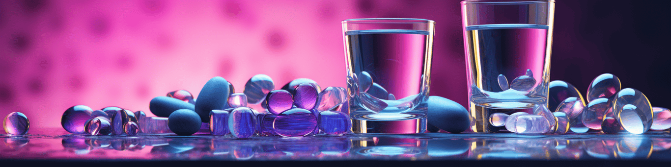 image of drug pills surrounding a glass of water symbolizing drug consumption
