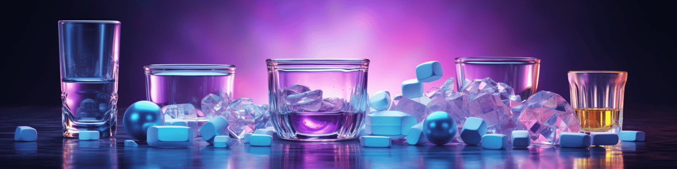 image of drug pills surrounding a glass of water symbolizing drug consumption