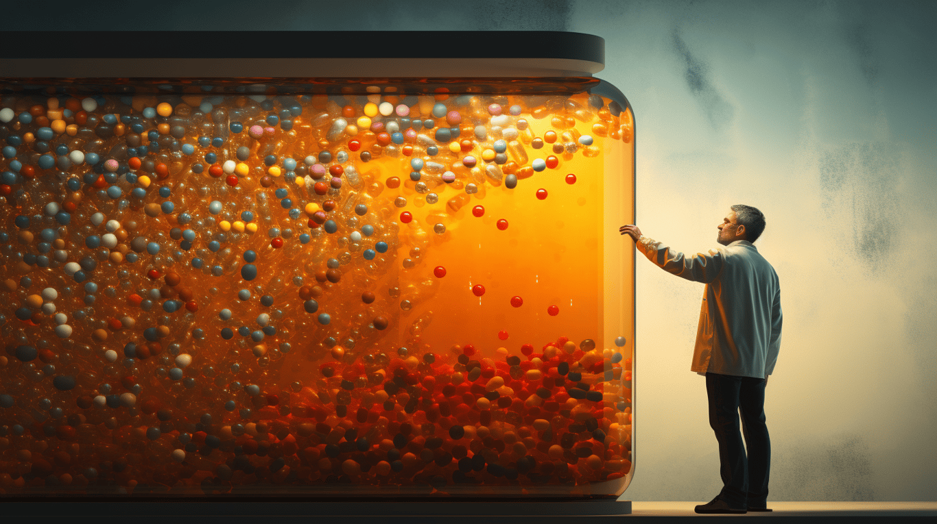 abstract image of a researcher studying a bottle of drug.