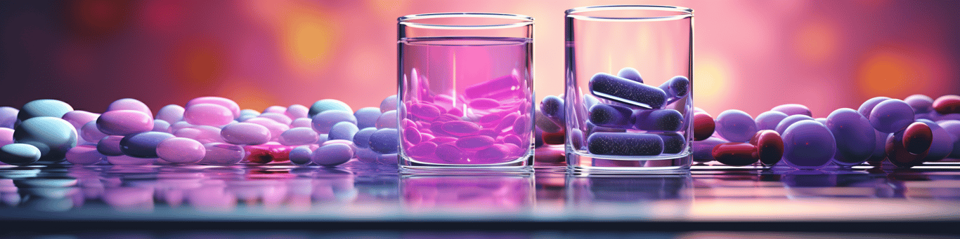 image of drug pills surrounding a glass of water symbolizing drug consumption
