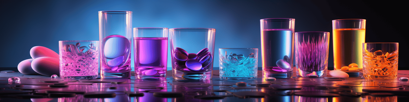 image of drug pills surrounding a glass of water symbolizing drug consumption