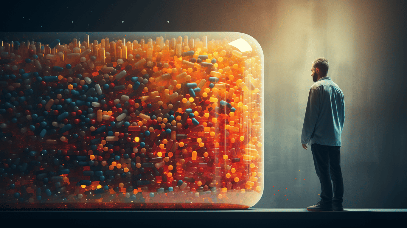 abstract image of a researcher studying a bottle of drug.