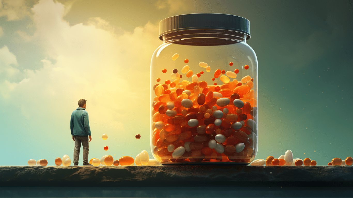 abstract image of a researcher studying a bottle of drug.