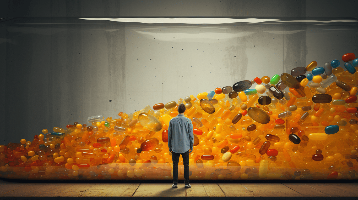 abstract image of a researcher studying a bottle of drug.