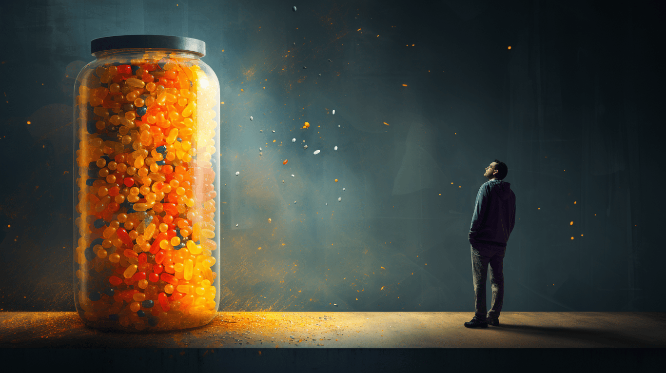 abstract image of a researcher studying a bottle of drug.