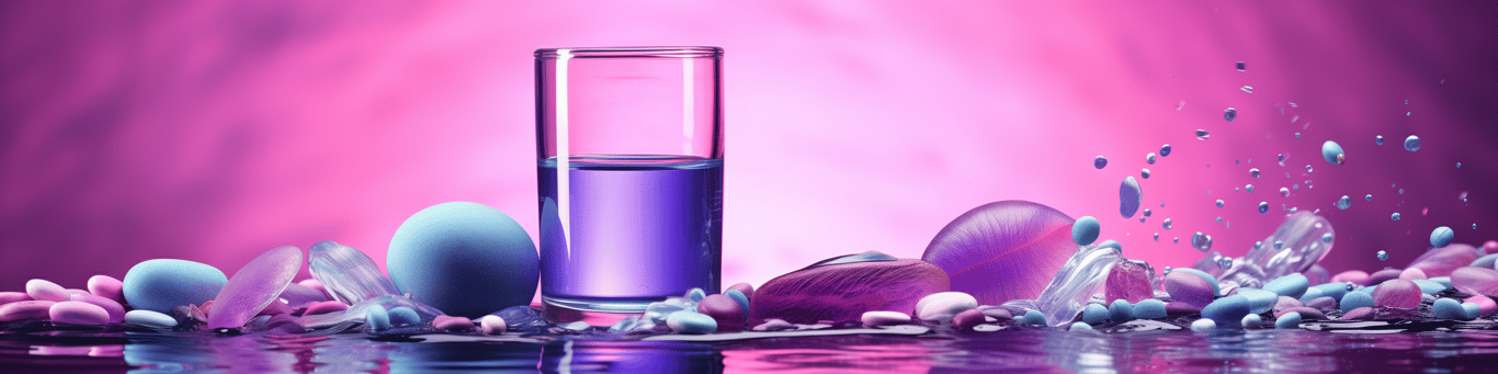 image of drug pills surrounding a glass of water symbolizing drug consumption
