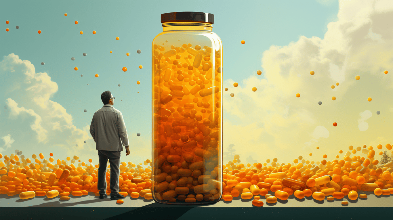 abstract image of a researcher studying a bottle of drug.