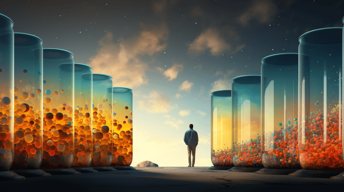 abstract image of a researcher studying a bottle of drug.