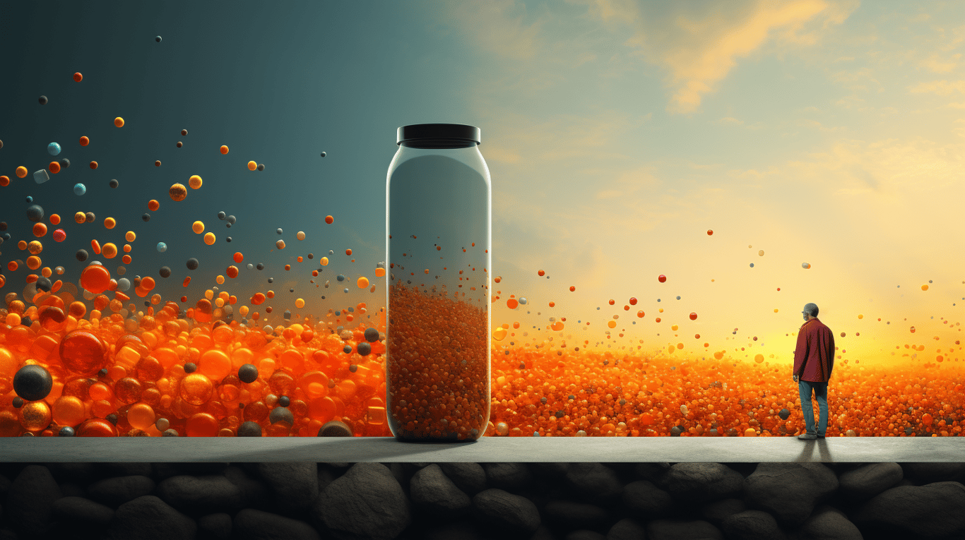 abstract image of a researcher studying a bottle of drug.