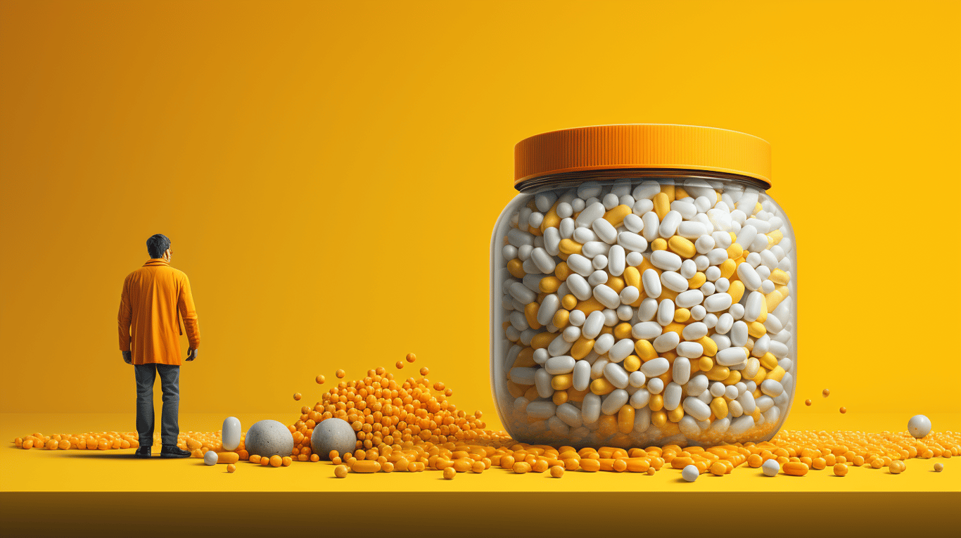 abstract image of a researcher studying a bottle of drug.