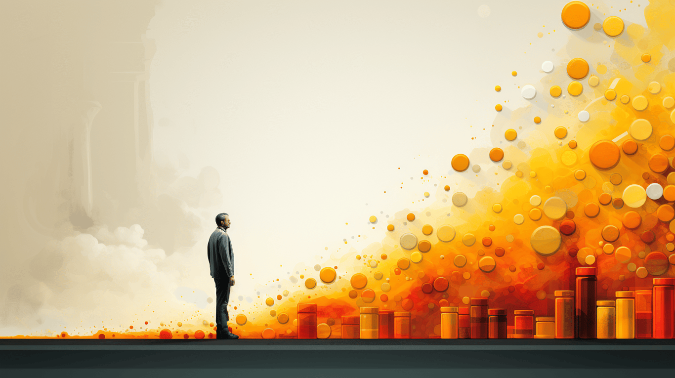 abstract image of a researcher studying a bottle of drug.