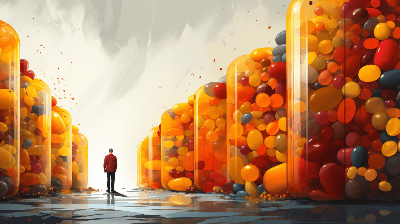 abstract image of a researcher studying a bottle of drug.