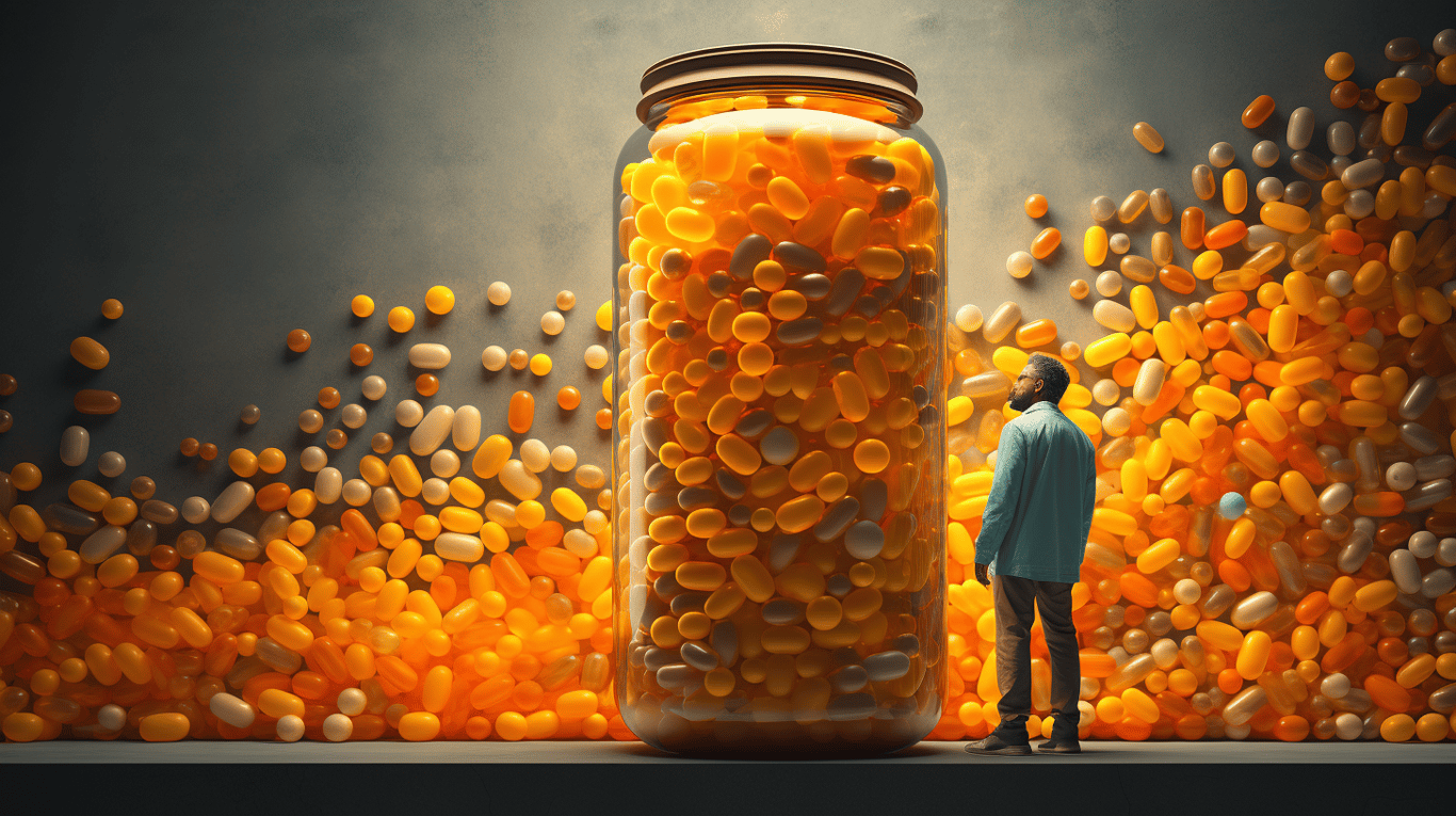 abstract image of a researcher studying a bottle of drug.
