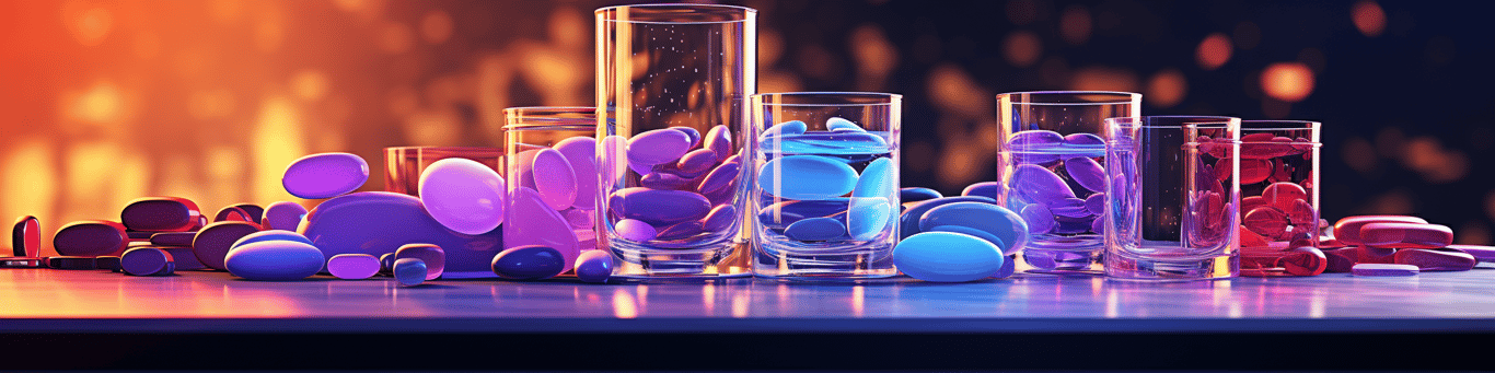 image of drug pills surrounding a glass of water symbolizing drug consumption