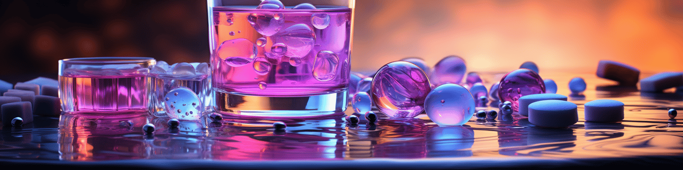 image of drug pills surrounding a glass of water symbolizing drug consumption