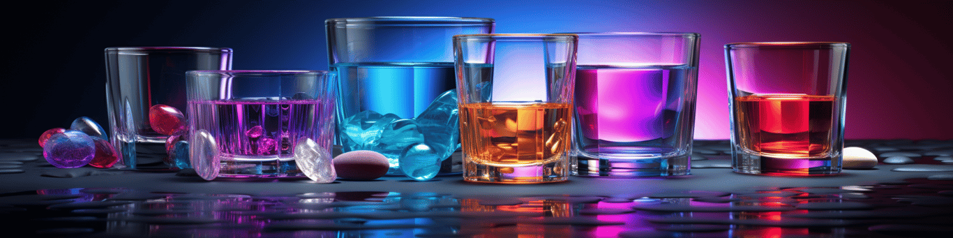 image of drug pills surrounding a glass of water symbolizing drug consumption