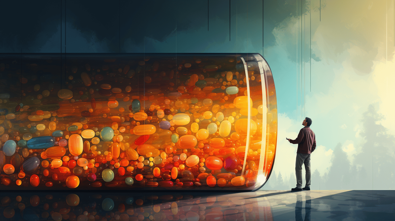 abstract image of a researcher studying a bottle of drug.