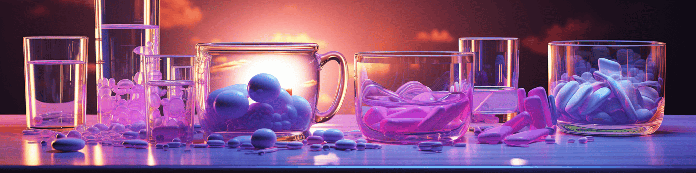 image of drug pills surrounding a glass of water symbolizing drug consumption