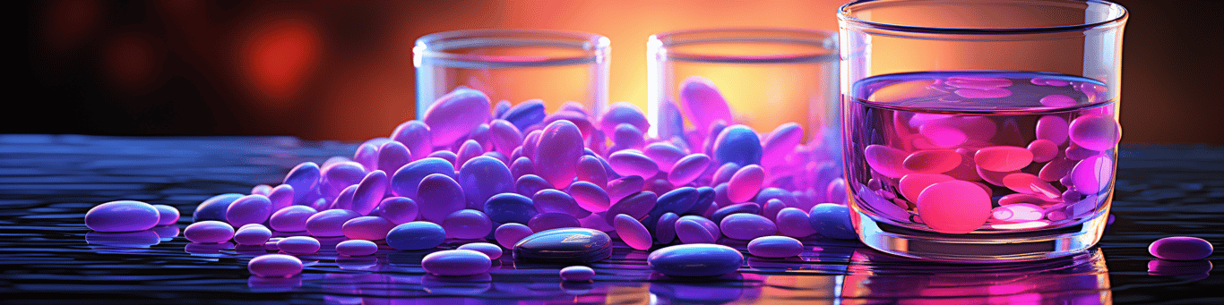 image of drug pills surrounding a glass of water symbolizing drug consumption