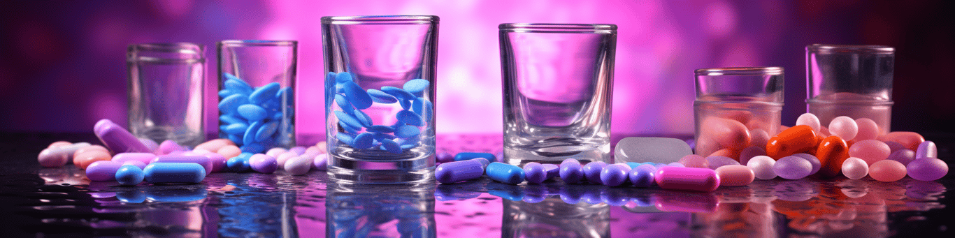 image of drug pills surrounding a glass of water symbolizing drug consumption