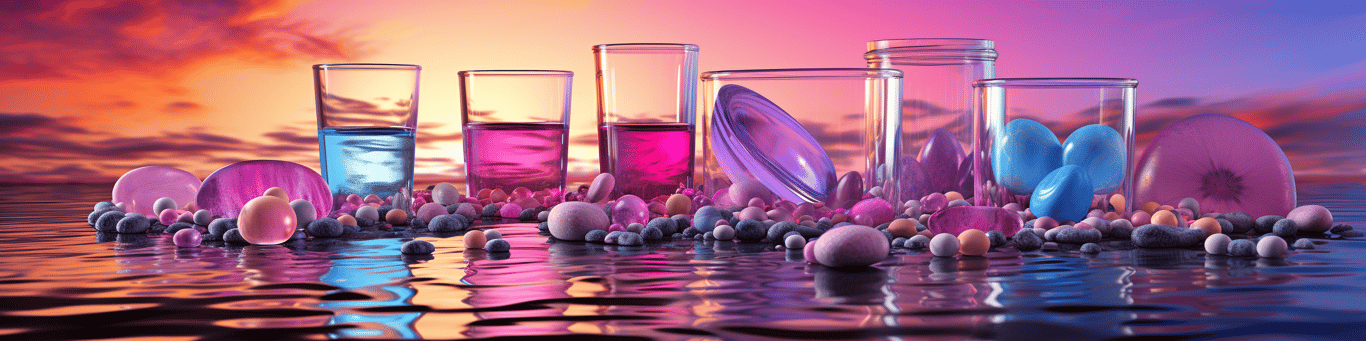 image of drug pills surrounding a glass of water symbolizing drug consumption