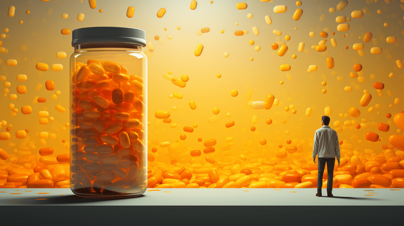 abstract image of a researcher studying a bottle of drug.